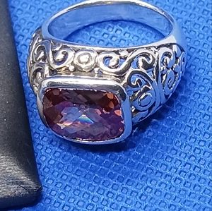 Multi-faceted Amber Stone In This Sterling Silver Filigree Detailed Ring.